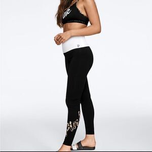 PINK Victoria’s Secret high waisted black/white leopard logo leggings, size M
